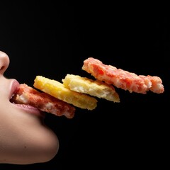 A close-up view capturing the repetitive and rhythmic action of eating, showcasing the structured arrangement of consumed food fragments ,nutrition ,rhythmic ,chewing