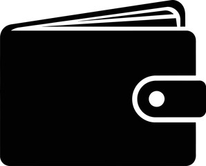 A black wallet icon with a white outline on a plain white background symbolizing a simple and modern design