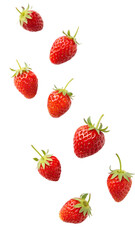 Falling fresh strawberries isolated on transparent background