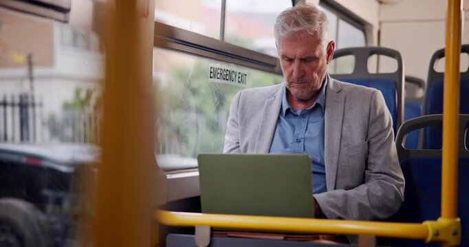 Business, mature man and travel with bus and laptop to browse internet for news update or report. Public transport, email and networking with communication for current affairs and commuting to work.