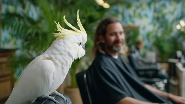 Curious cockatoo interacting with relaxed man in vibrant indoor setting