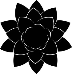 A black and white illustration of a stylized flower with multiple petals and a solid center on a plain background