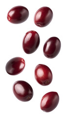 Falling black olives isolated on transparent background