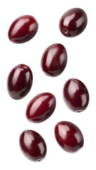 Falling black olives isolated on transparent background