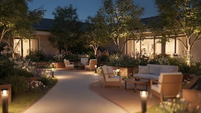 Evening scene of a memory care garden courtyard emphasizing illuminated seating areas near the secure path surrounded by softly blurred trees and gentle ambient lighting.