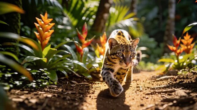 Beautiful ocelot gracefully walks on a jungle path surrounded by lush plants and colorful flowers