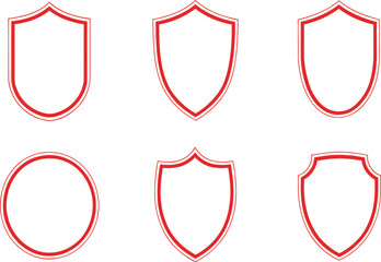 Red shield outline vector icons set, blank heraldic badge frames, protective security emblem borders, minimalist geometric crest shapes for logo design and branding.