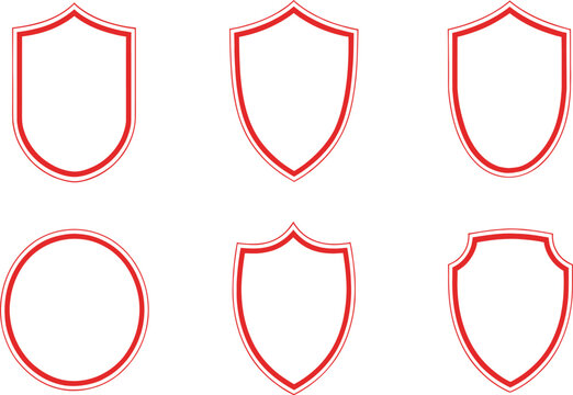 Red shield outline vector icons set, blank heraldic badge frames, protective security emblem borders, minimalist geometric crest shapes for logo design and branding.