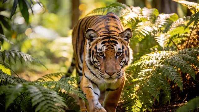 Majestic sumatran tiger stalking forward through lush, sunlit foliage in its natural habitat