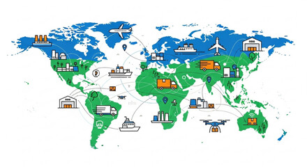 Obraz premium A colorful vector graphic illustration of a world map with various transportation and logistics icons