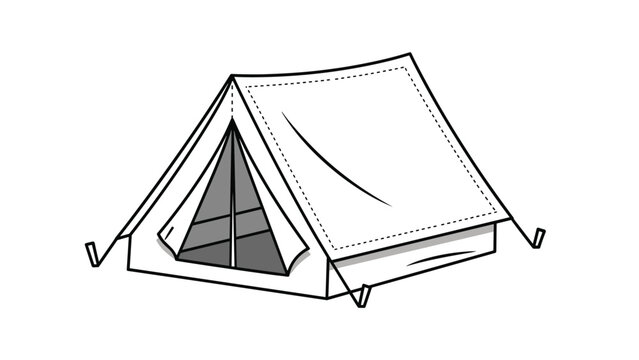 Classic triangular A-frame camping tent shown in a simple black and white line art illustration with shaded interior details.
