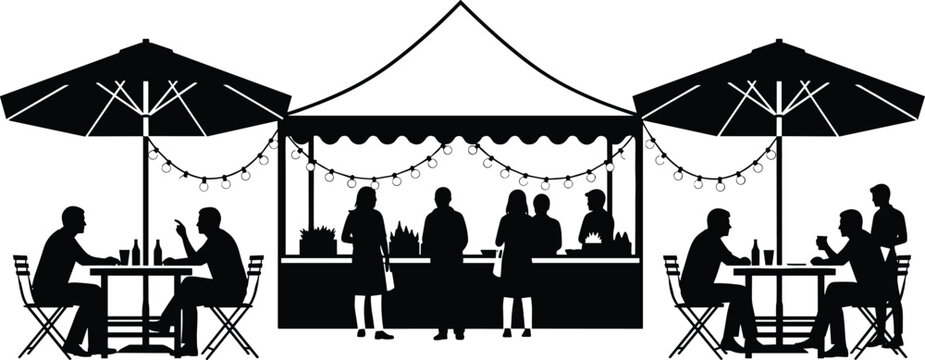 Silhouette of people at an outdoor food festival market with bistro tables, cafe umbrellas, string lights, street food stalls, and evening summer fair,