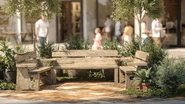 Outdoor family seating zone centered on rustic wooden benches with greenery and softfocus visitors in the background creating a peaceful entryway vibe.