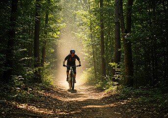 Obraz premium A rider navigates a rugged dirt path through a dense forest canopy. The intense athletic activity highlights outdoor adventure and fitness goals ,equipment ,dirt ,gear