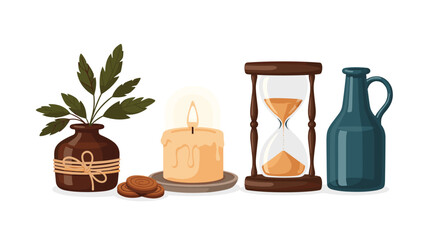 Rustic collection of a burning candle, elegant hourglass, ceramic vase with plant, cookies, and a teal jug, conveying