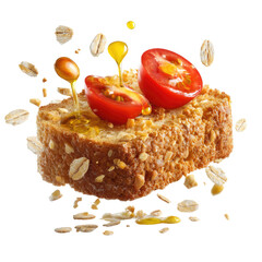 Savory toast topped with tomato halves, oil drips, oat flakes, black background