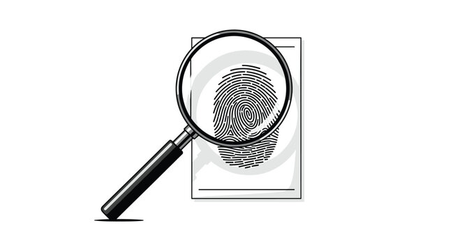 Detailed illustration of a magnifying glass closely examining a unique fingerprint on a document, symbolizing precise