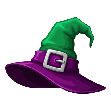 Vibrant green witch hat with purple brim and silver buckle isolated on transparent background