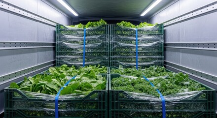 Obraz premium Fresh green leafy vegetables crated and packed in refrigerated truck for efficient transport and delivery