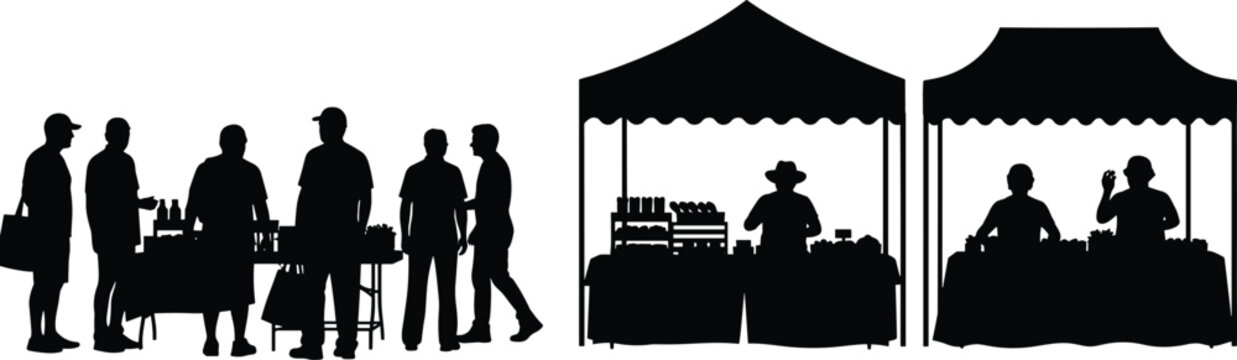Silhouette of people at outdoor farmers market stalls, customers buying local products, vendors selling under tents, street fair, community trade, isolated vector illustration.