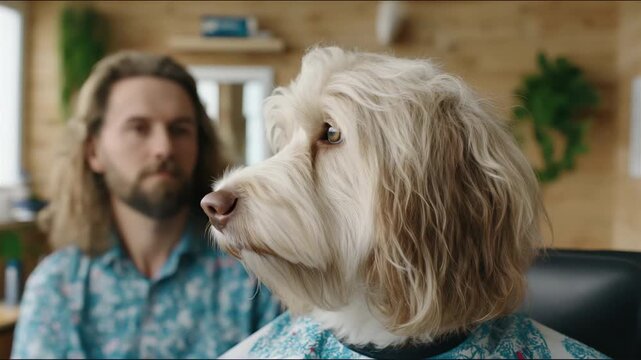 Dog gets groomed with calm owner observing in cozy home setting