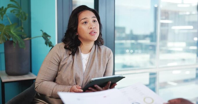 Paperwork, meeting or manager with tablet for feedback, performance evaluation or review sales charts. Discussion, lead generation or woman with worker for career progress, recognition or deal stats