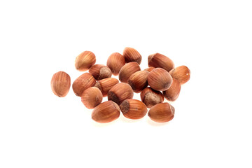 Group of whole hazelnuts arranged on a white background, showcasing their smooth, brown shells and natural texture, ideal for culinary or food-related imagery