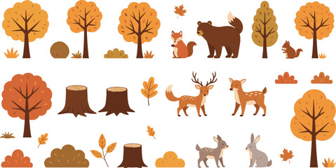 Naklejka premium Autumn forest animals and trees set with deer bear fox rabbit fall vector