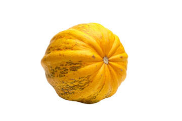 Yellow pumpkin with ribbed texture and mottled skin, isolated on a white background, showcasing its round shape and natural imperfections