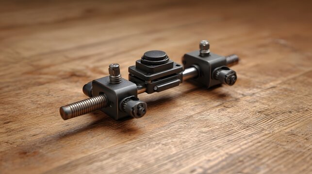 Precision mechanical linear actuator assembly with threaded rod and sliding blocks on wood