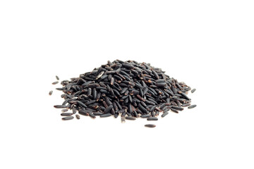 Black rice grains piled on a white background, showcasing their unique dark color and elongated shape, ideal for culinary uses and healthy recipes