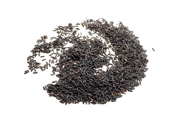 Black rice grains scattered on a white background, showcasing their unique color and texture, ideal for culinary and health-related imagery