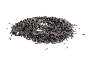 Black rice grains scattered in a circular pattern on a white background, showcasing their unique dark color and elongated shape, ideal for culinary use or food photography