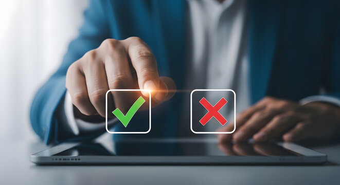 Businessman making a choice between right and wrong on a digital interface