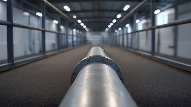A long silver industrial pipe runs through a well lit corridor with parallel railings and a textured floor