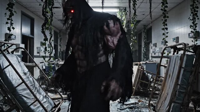 A muscular monster with glowing red eyes stands amidst destruction in a dilapidated hospital room