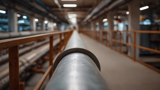 Long silver industrial pipe stretching down a factory corridor with railings and lights
