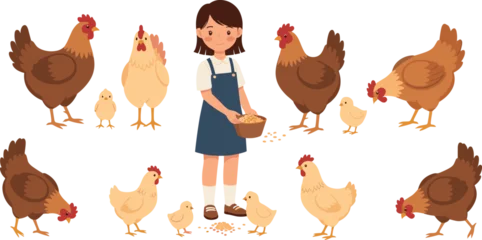 Gardinen Bauernhof Cute girl feeding chickens and chicks farm animal scene with poultry cartoon vector  © EdGe Creative