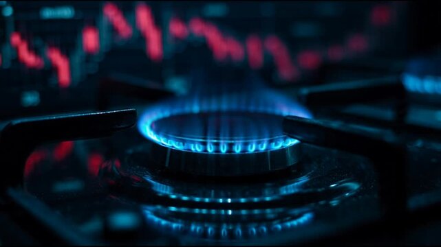 Close-up of glowing blue gas stove burner with red graphs in the background