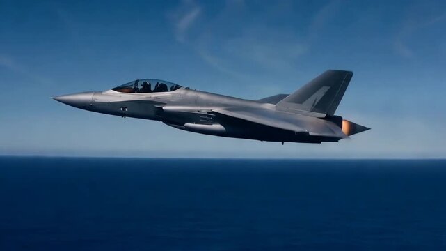 Military Fighter Jet Flying Low Over Ocean
