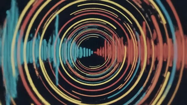Abstract o visualization with colorful concentric circles and waveform patterns on dark background.