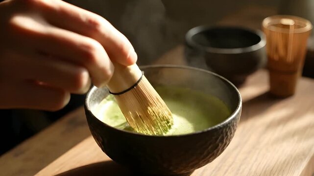 A careful hand prepares vibrant green matcha, a mindful practice connecting to the ancient seed of tea culture nurtured by fertile soil traditions