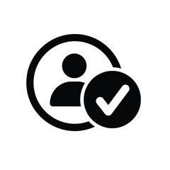 Black and white icon of a person with a checkmark in a circle for user verification or approval © Bar