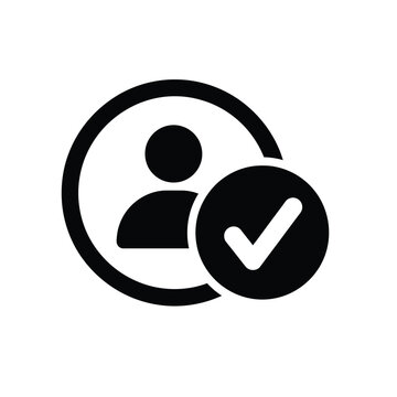 Black and white icon of a person with a checkmark in a circle for user verification or approval