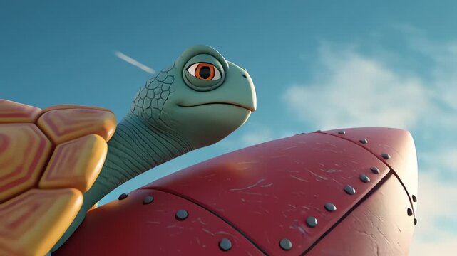 Speedy Turtle Astronaut on Red Rocket Launching Through Sky and Clouds