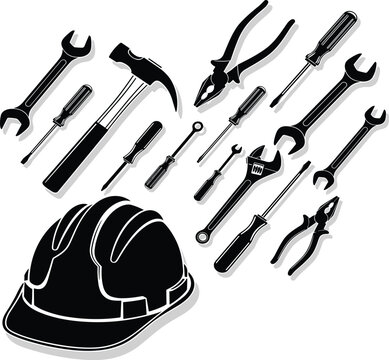 Construction tools and safety helmet silhouette illustration vector set with wrench, screwdriver, pliers, hammer, and hard hat for industrial and repair design
