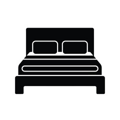 A simple black and white icon of a bed with a headboard and two pillows