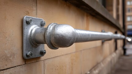 Silver metal pipe railing safety guard mounted on textured stone wall