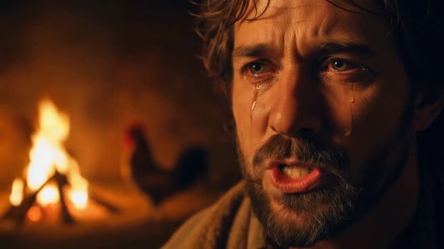 Man with tearful eyes contemplating by the fire, a biblical scene depicting Peters denial of Jesus with a rooster in the background