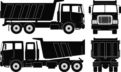 Black dump truck icons set showing multiple views construction tipper vehicles heavy transport vector illustration isolated on white background © MSTAYESHASIDDIKA